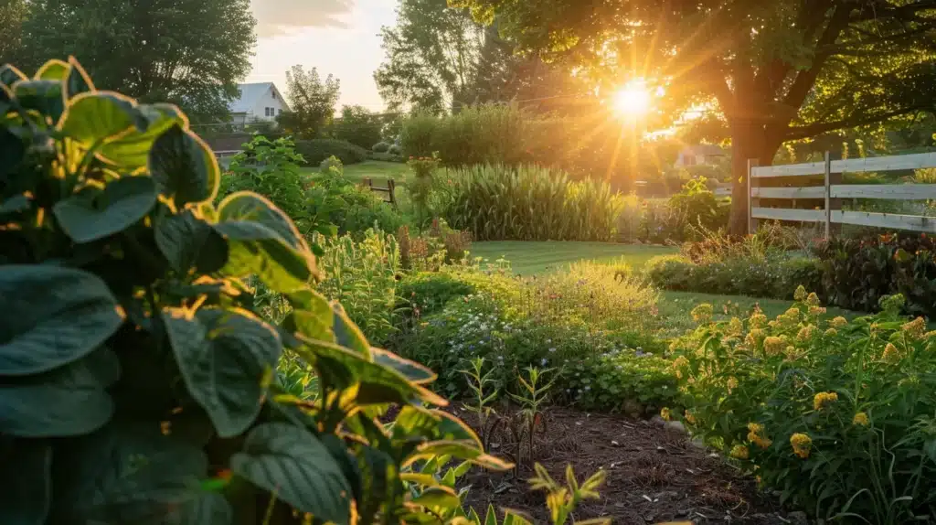 a serene northern ohio landscape showcases a flourishing, eco-friendly garden, reflecting the impactful results of expert extermination services through vibrant plants and a healthy crop, bathed in warm, golden sunlight.