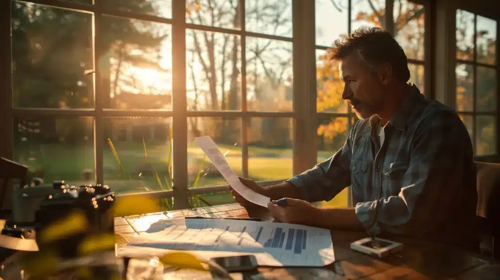 a thoughtful homeowner examines a detailed chart comparing service offerings and pricing structures for pest control, surrounded by a tranquil northern ohio landscape bathed in soft, natural sunlight.