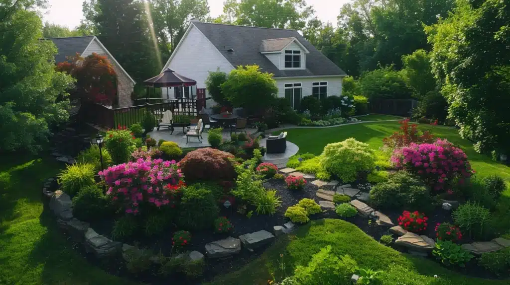 a vibrant, lush northeast ohio landscape showcases an eco-friendly garden in full bloom, juxtaposed with a professional exterminator applying integrated pest management strategies, emphasizing the balance between effective weed control and environmental safety.