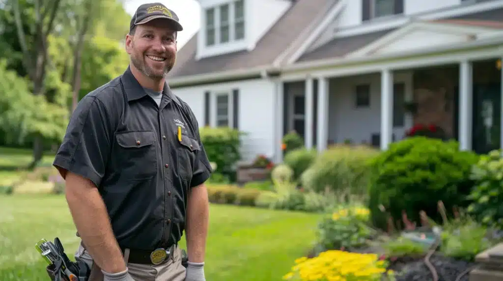 a confident exterminator stands in front of a well-maintained home in northern ohio, showcasing their professional credentials and tools, with vibrant greenery in the background that emphasizes their expertise in local pest control.